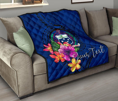 Samoa Polynesian Custom Personalised Premium Quilt - Floral With Seal Blue