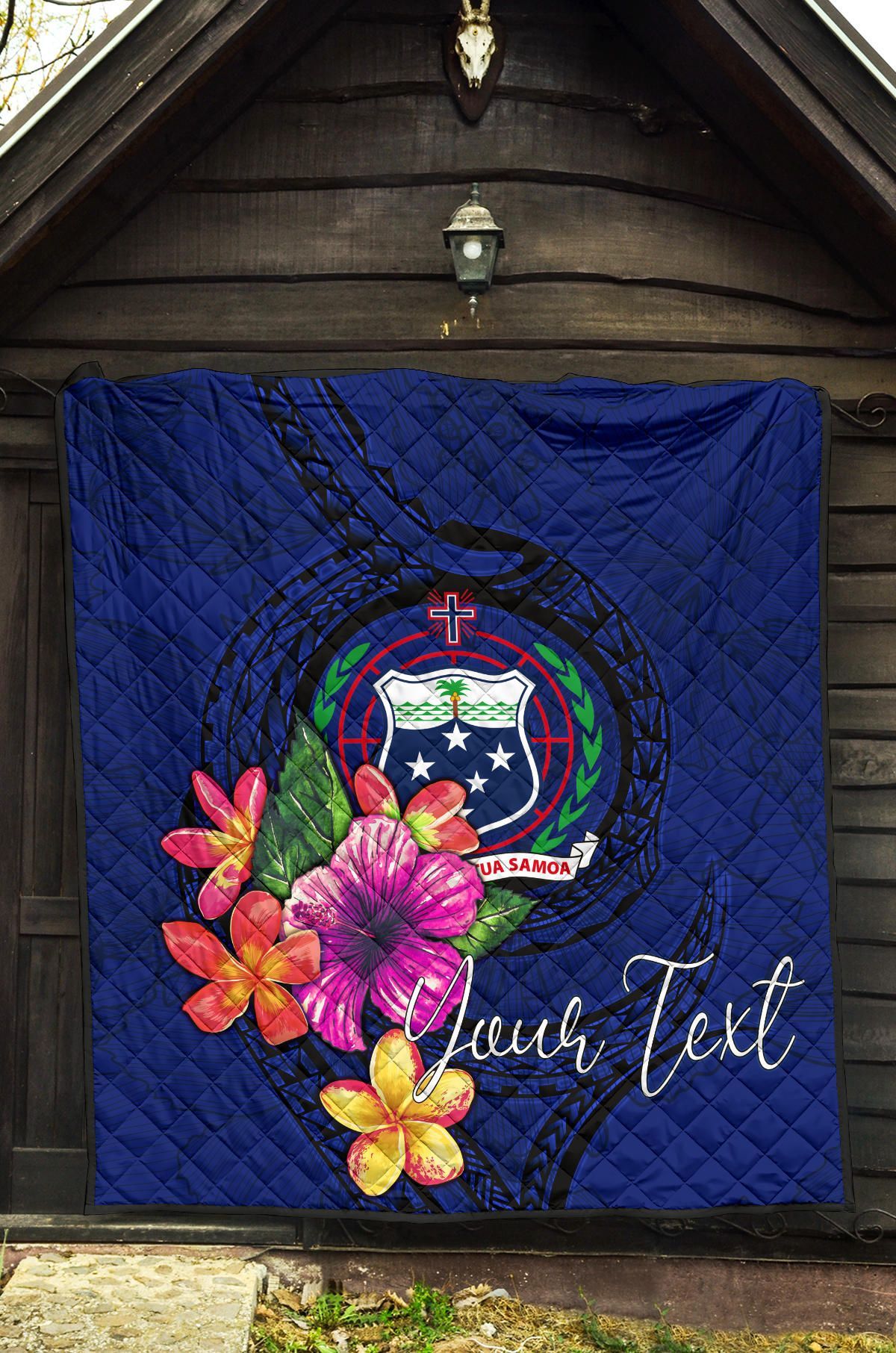 Samoa Polynesian Custom Personalised Premium Quilt - Floral With Seal Blue