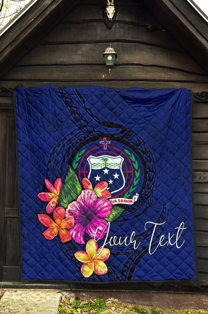 Samoa Polynesian Custom Personalised Premium Quilt - Floral With Seal Blue