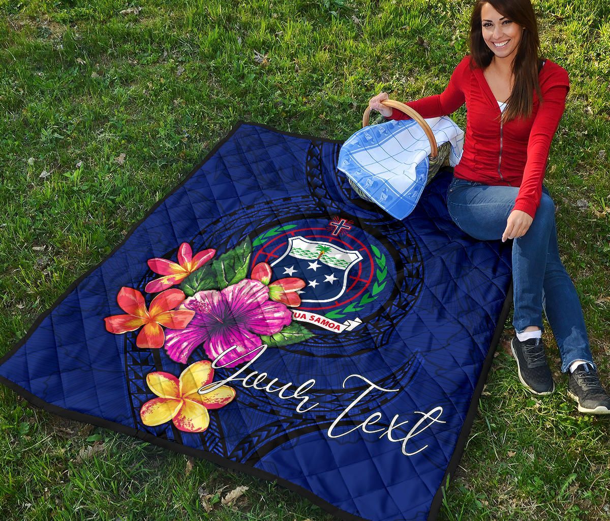 Samoa Polynesian Custom Personalised Premium Quilt - Floral With Seal Blue