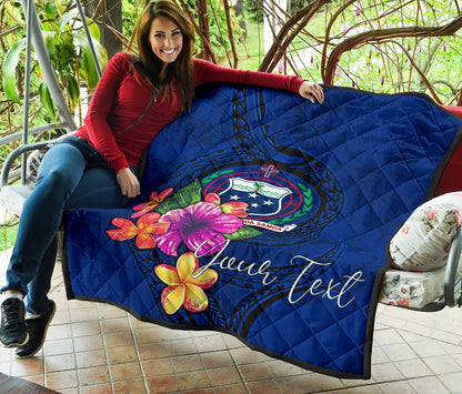 Samoa Polynesian Custom Personalised Premium Quilt - Floral With Seal Blue