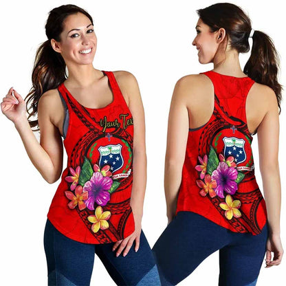 Samoa Polynesian Custom Personalised Women Racerback Tank - Floral With Seal Red