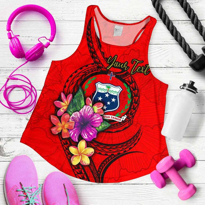 Samoa Polynesian Custom Personalised Women Racerback Tank - Floral With Seal Red
