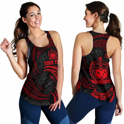 Samoa Polynesian Custom Personalised Women Racerback Tank - Red Tribal Wave