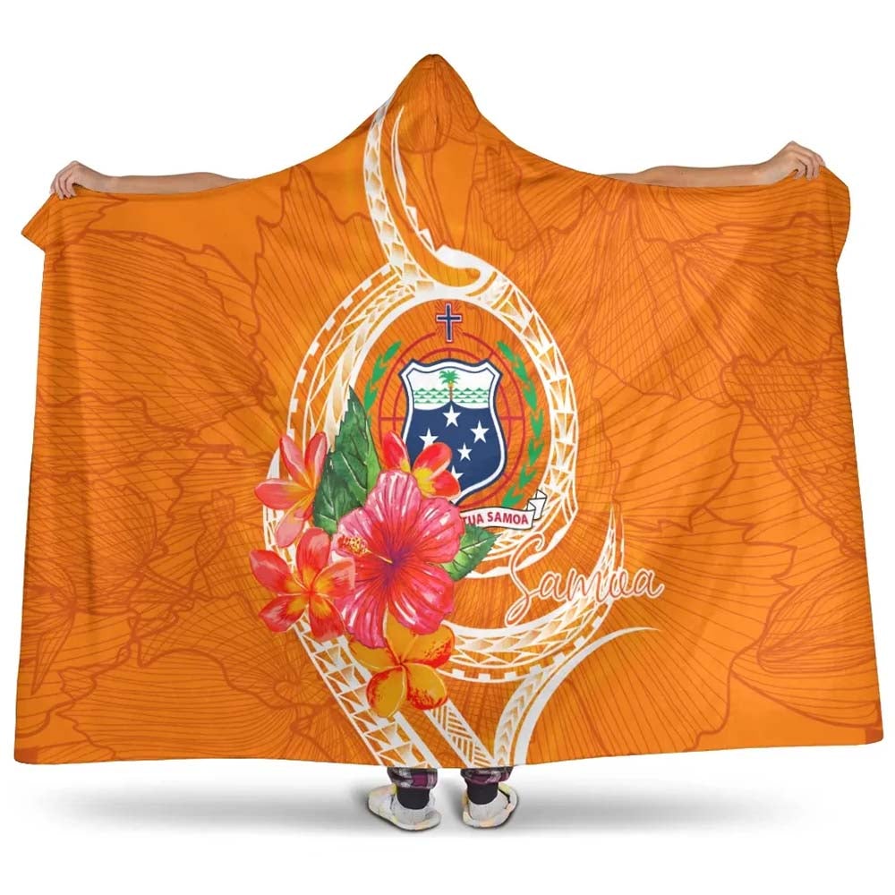 Samoa Polynesian Hooded Blanket - Orange Floral With Seal