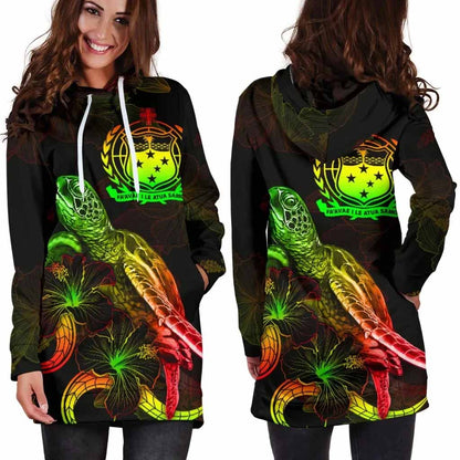 Samoa Polynesian Hoodie Dress - Turtle With Blooming Hibiscus Reggae