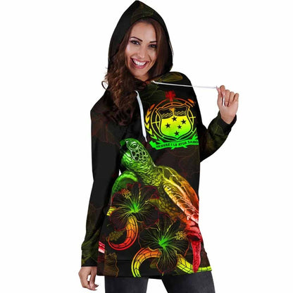 Samoa Polynesian Hoodie Dress - Turtle With Blooming Hibiscus Reggae