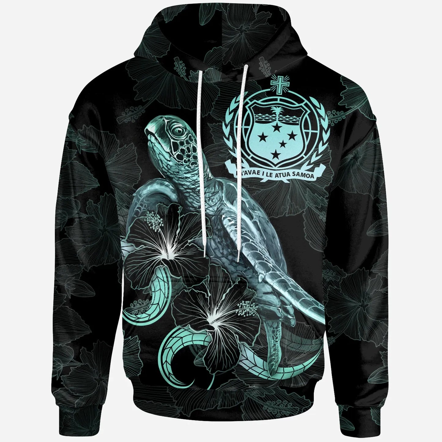 Samoa Polynesian Hoodie - Turtle With Blooming Hibiscus Turquoise