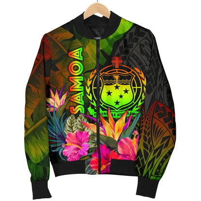Samoa Polynesian Bomber Jacket - Hibiscus and Banana Leaves
