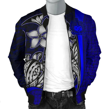 Samoa Polynesian Bomber Jackets Blue - Turtle With Hook