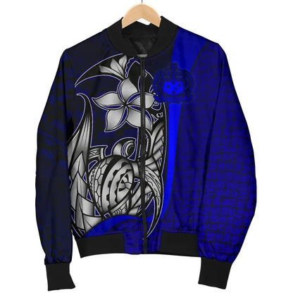 Samoa Polynesian Bomber Jackets Blue - Turtle With Hook