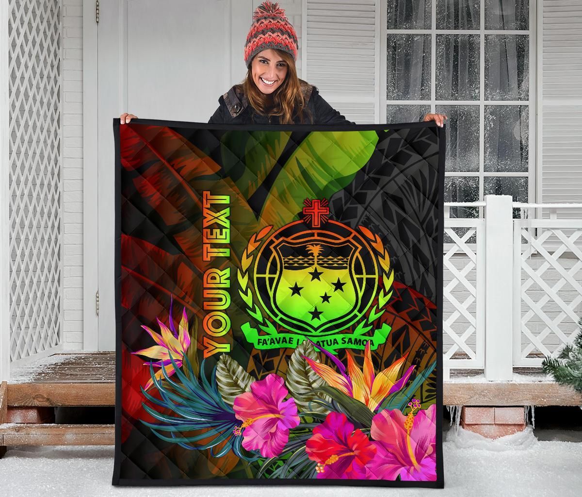 Samoa Polynesian Personalised Premium Quilt -  Hibiscus and Banana Leaves