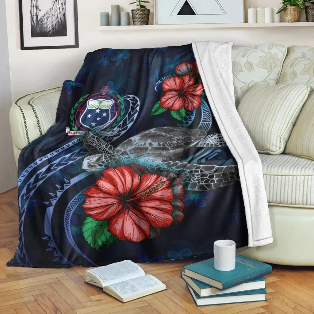 Samoa Polynesian Premium Blanket - Blue Turtle Hibiscus