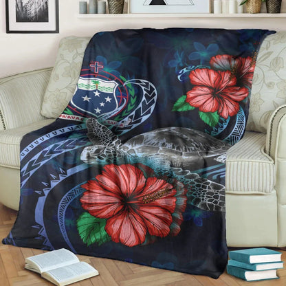 Samoa Polynesian Premium Blanket - Blue Turtle Hibiscus