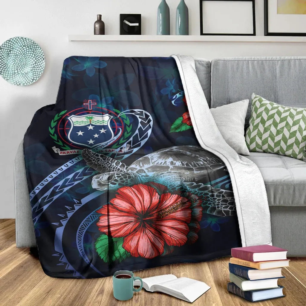 Samoa Polynesian Premium Blanket - Blue Turtle Hibiscus