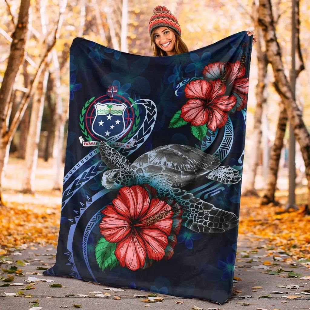 Samoa Polynesian Premium Blanket - Blue Turtle Hibiscus