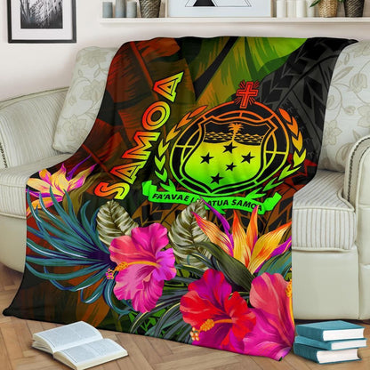 Samoa Polynesian Premium Blanket -  Hibiscus and Banana Leaves