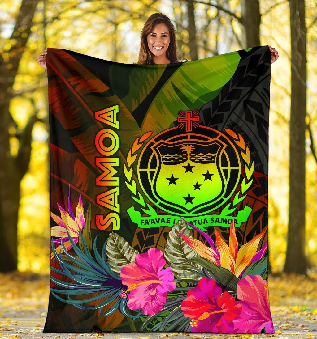 Samoa Polynesian Premium Blanket -  Hibiscus and Banana Leaves