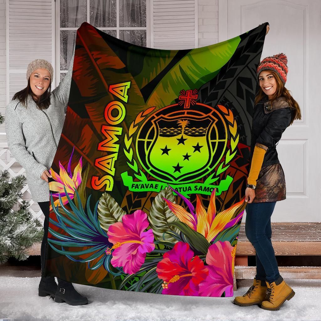 Samoa Polynesian Premium Blanket -  Hibiscus and Banana Leaves