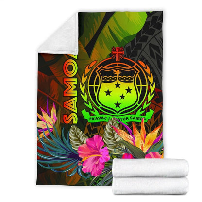 Samoa Polynesian Premium Blanket -  Hibiscus and Banana Leaves