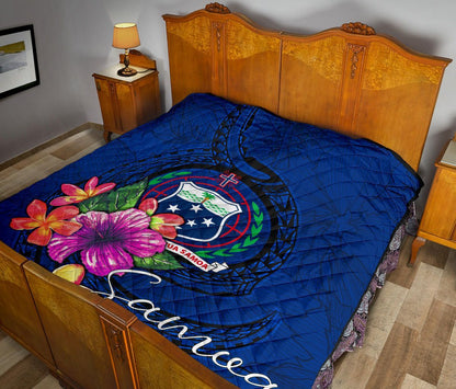 Samoa Polynesian Premium Quilt - Floral With Seal Blue