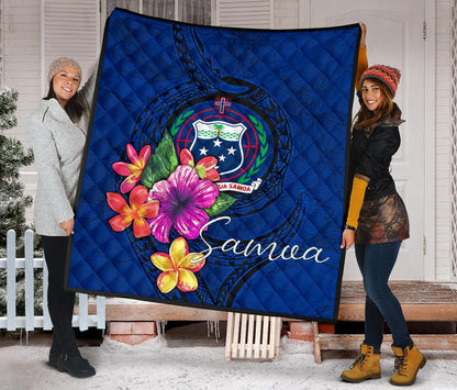 Samoa Polynesian Premium Quilt - Floral With Seal Blue