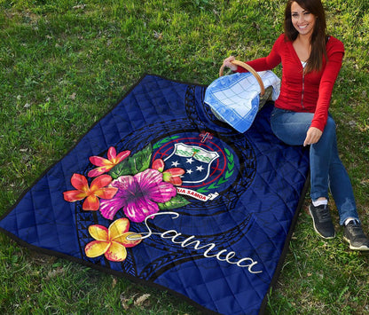 Samoa Polynesian Premium Quilt - Floral With Seal Blue