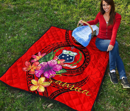 Samoa Polynesian Premium Quilt - Floral With Seal Red