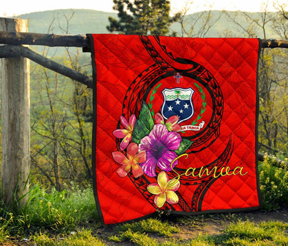 Samoa Polynesian Premium Quilt - Floral With Seal Red