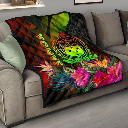 Samoa Polynesian Premium Quilt -  Hibiscus and Banana Leaves