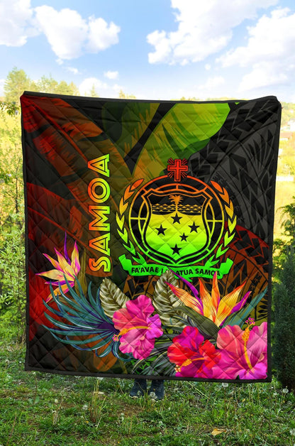 Samoa Polynesian Premium Quilt -  Hibiscus and Banana Leaves