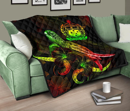 Samoa Polynesian Premium Quilt - Turtle With Blooming Hibiscus Reggae
