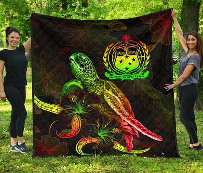 Samoa Polynesian Premium Quilt - Turtle With Blooming Hibiscus Reggae