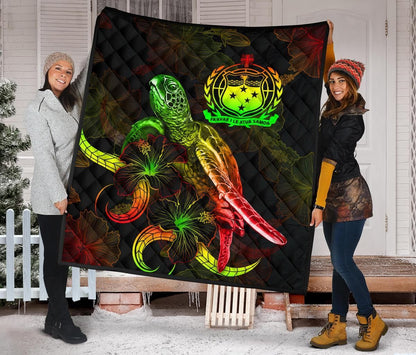 Samoa Polynesian Premium Quilt - Turtle With Blooming Hibiscus Reggae