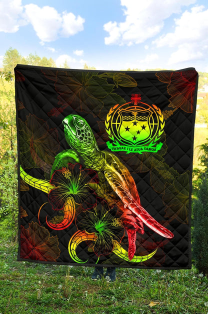 Samoa Polynesian Premium Quilt - Turtle With Blooming Hibiscus Reggae