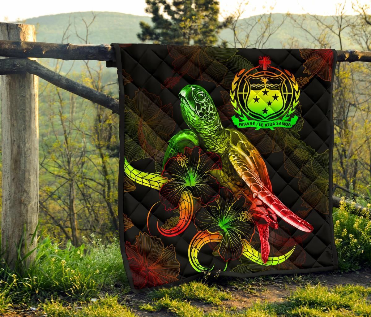 Samoa Polynesian Premium Quilt - Turtle With Blooming Hibiscus Reggae