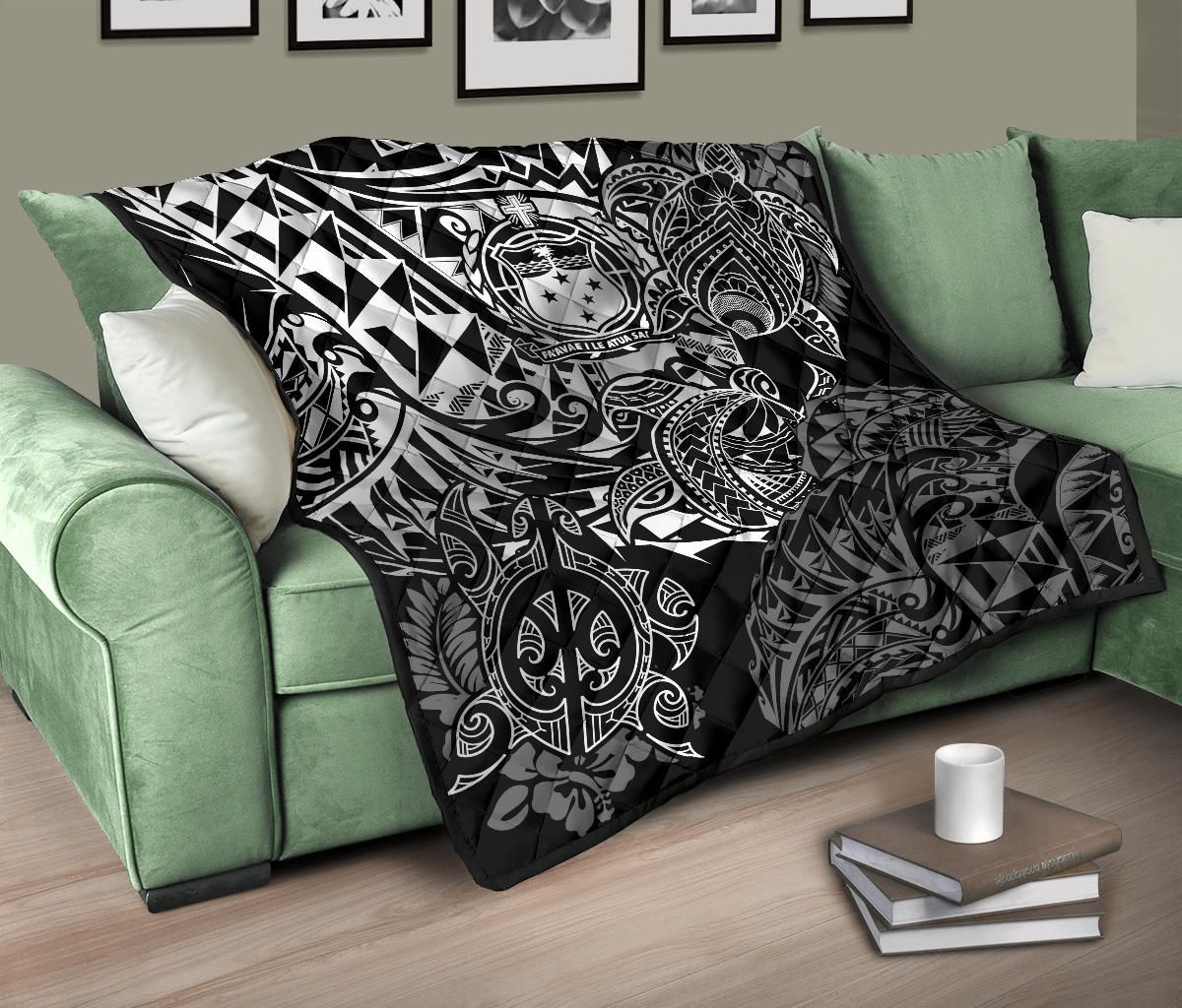 Samoa Polynesian Premium Quilt - White Turtle Flowing