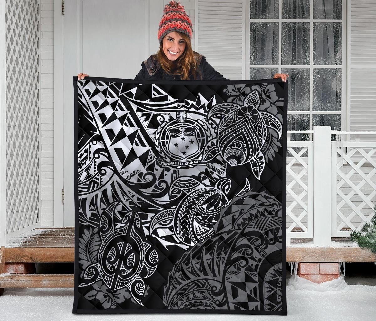 Samoa Polynesian Premium Quilt - White Turtle Flowing