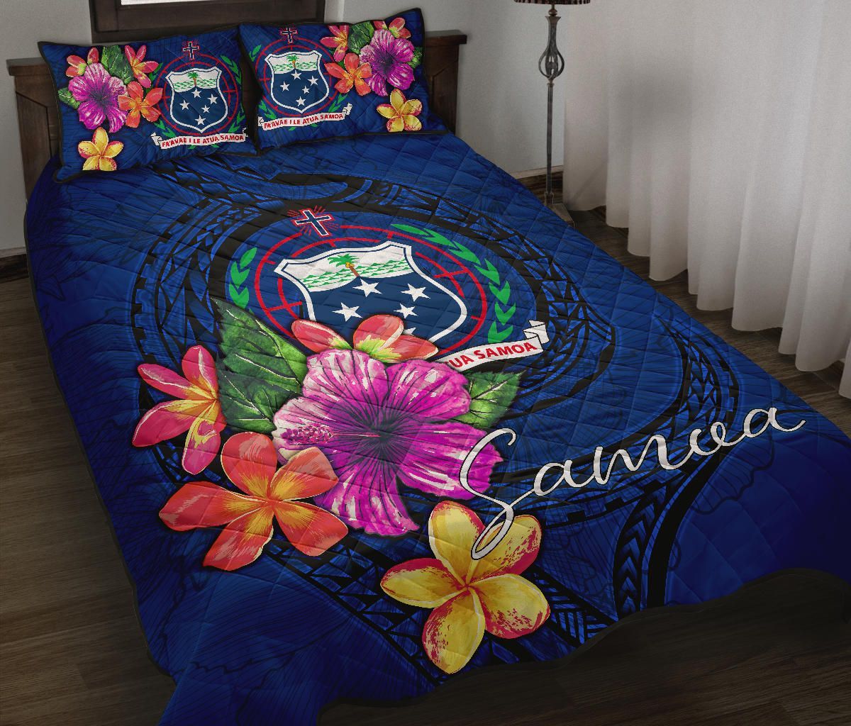 Samoa Polynesian Quilt Bed Set - Floral With Seal Blue