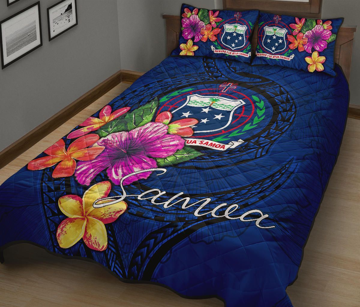 Samoa Polynesian Quilt Bed Set - Floral With Seal Blue