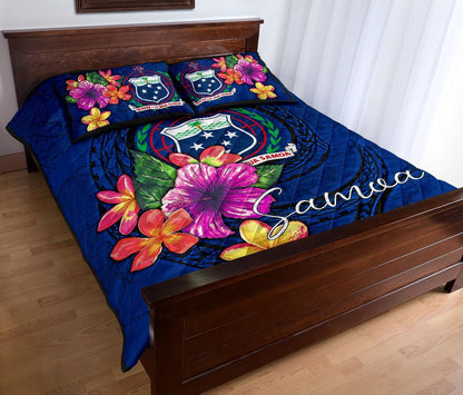 Samoa Polynesian Quilt Bed Set - Floral With Seal Blue