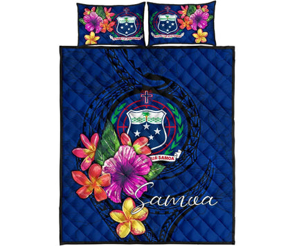 Samoa Polynesian Quilt Bed Set - Floral With Seal Blue