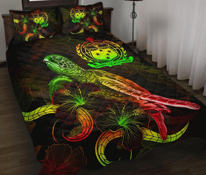 Samoa Polynesian Quilt Bed Set - Turtle With Blooming Hibiscus Reggae