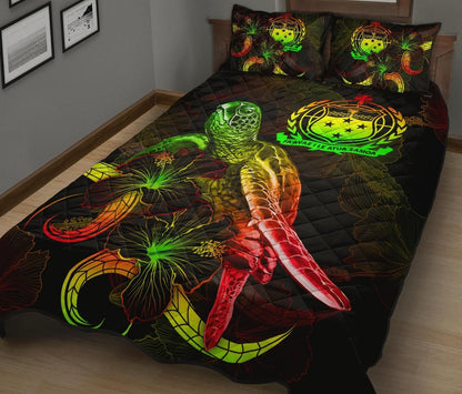 Samoa Polynesian Quilt Bed Set - Turtle With Blooming Hibiscus Reggae