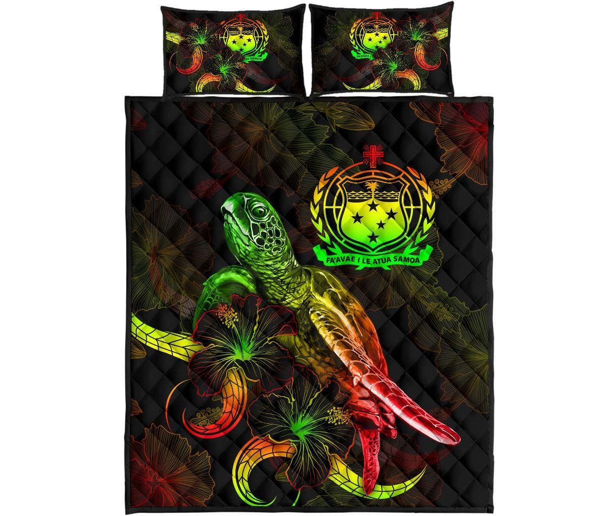 Samoa Polynesian Quilt Bed Set - Turtle With Blooming Hibiscus Reggae