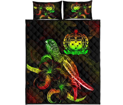 Samoa Polynesian Quilt Bed Set - Turtle With Blooming Hibiscus Reggae