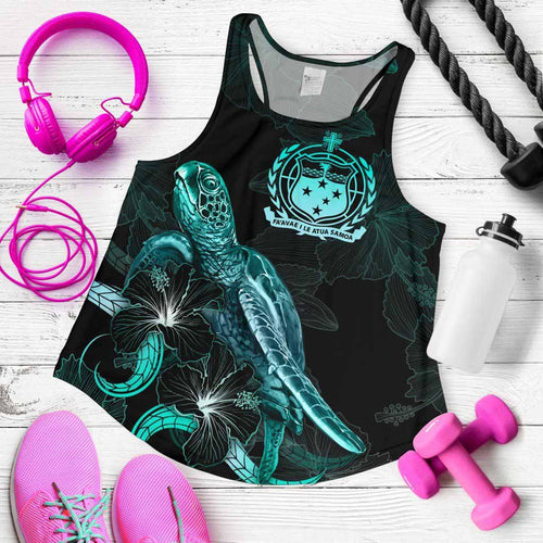 Samoa Polynesian Women Tank Top - Turtle With Blooming Hibiscus Turquoise