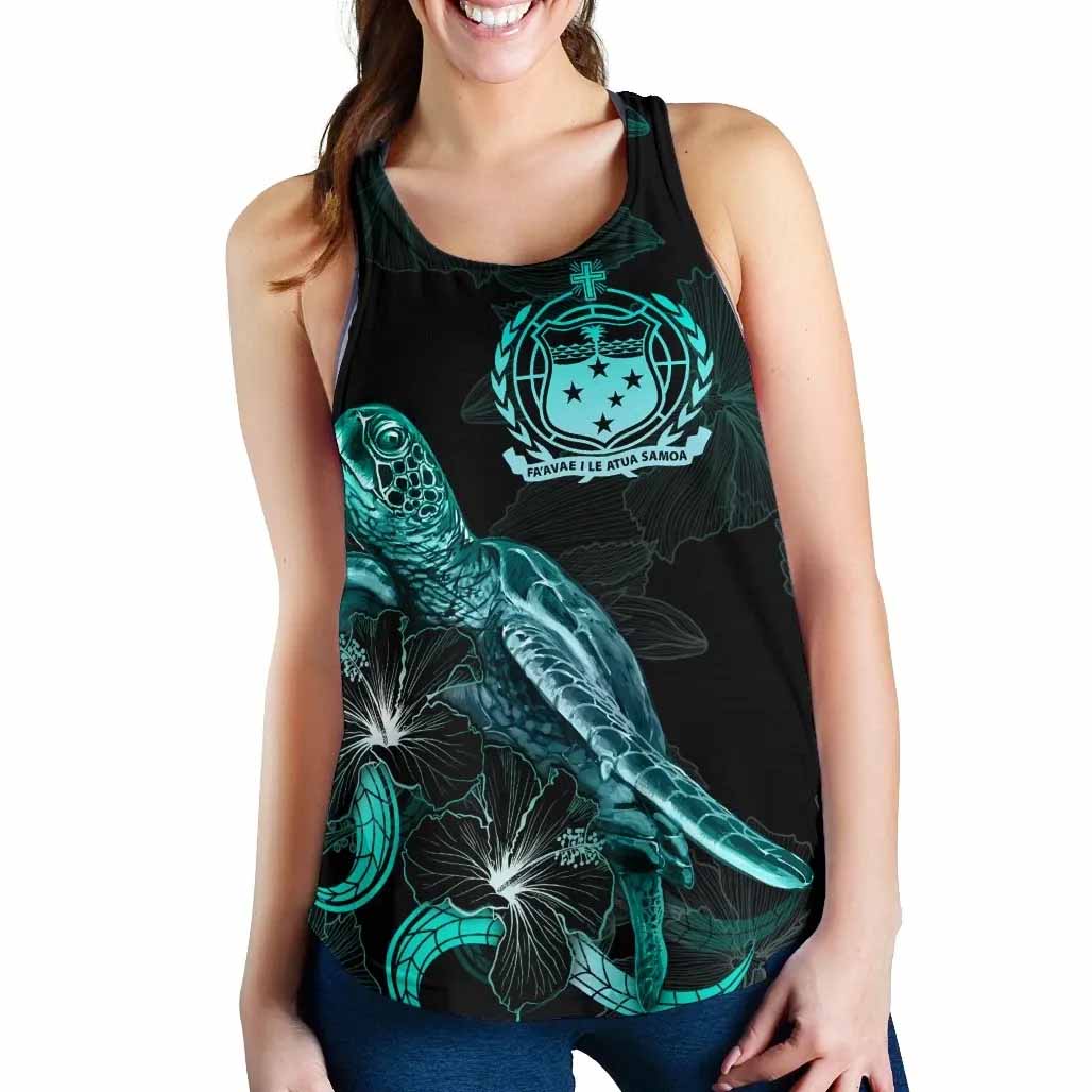 Samoa Polynesian Women Tank Top - Turtle With Blooming Hibiscus Turquoise