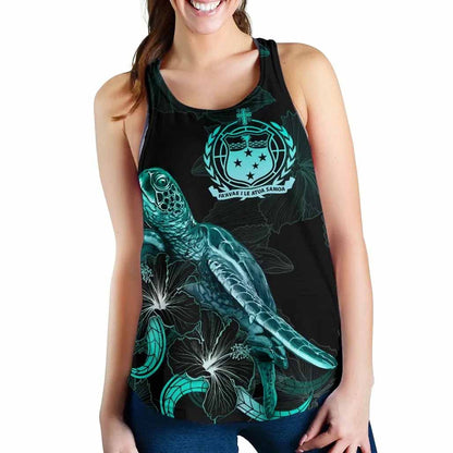 Samoa Polynesian Women Tank Top - Turtle With Blooming Hibiscus Turquoise