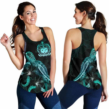 Samoa Polynesian Women Tank Top - Turtle With Blooming Hibiscus Turquoise